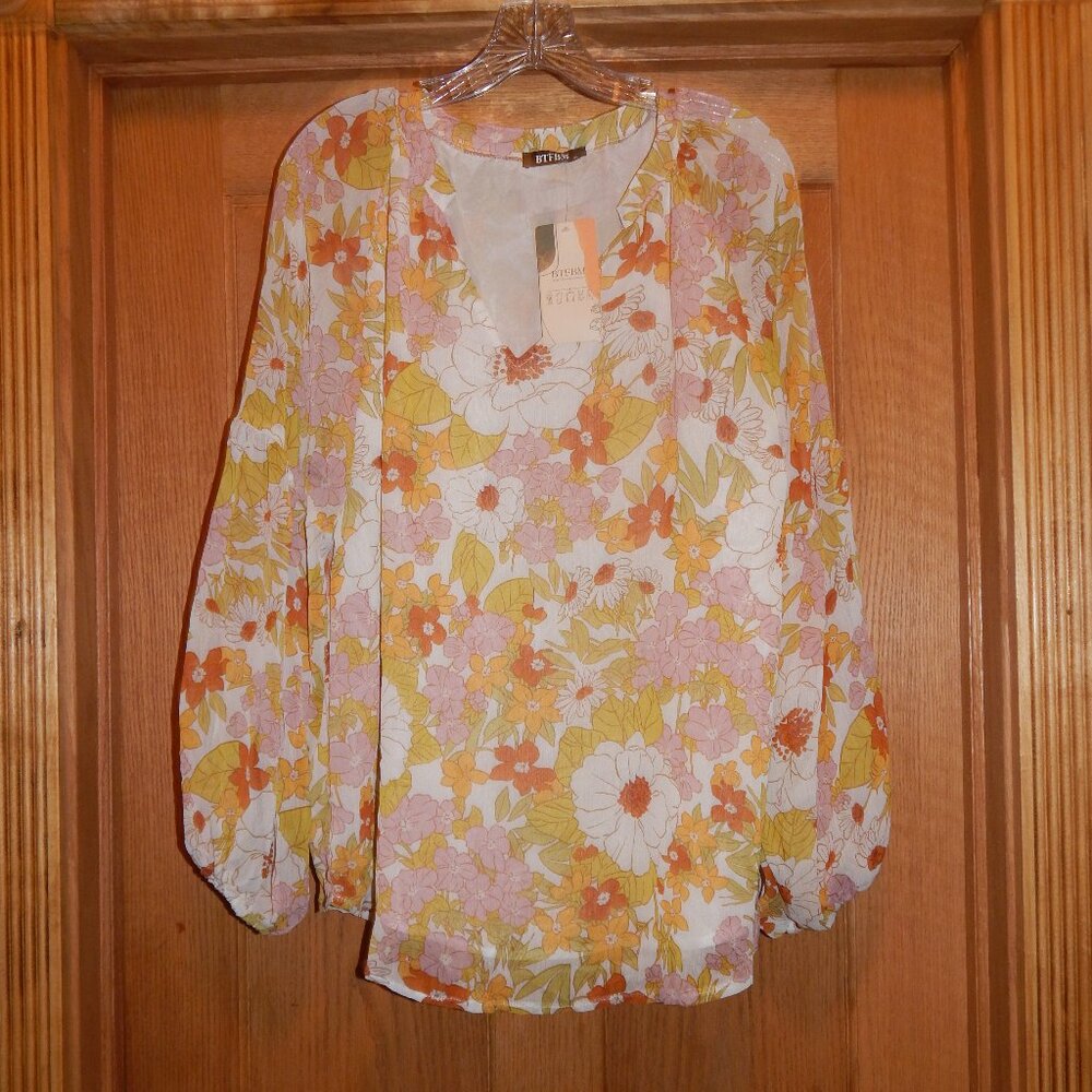 NEW Women's Size XL Multicolor Retro Flower Power Floral BTFBM Blouse Shirt Top